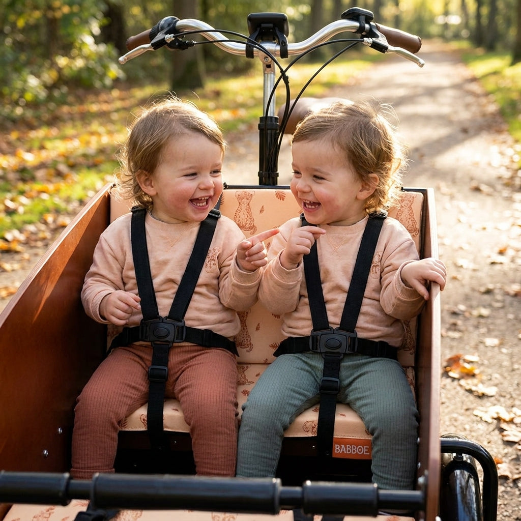 Babboe Kissenset Safari Peach für Lastenrad Big/Dog. Bequeme Sitzkissen für Kinder ab 18 Monaten, einfach mit Klettverschluss.