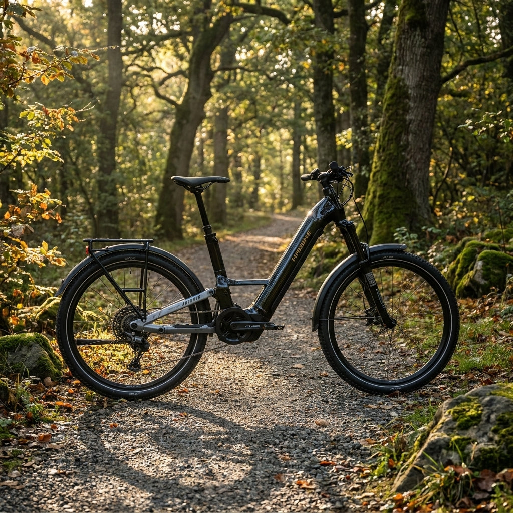Haibike Adventr 6 Low SUV E-Bike schwarz-chrom, Bosch Performance Line PX, 27,5 Zoll, auf sonnigem Waldweg.