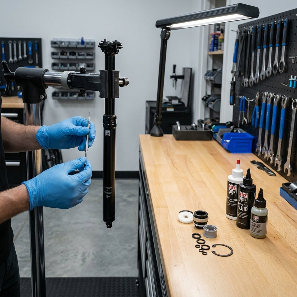 RockShox Reverb Stealth A2 V2 Service Kit: Mechaniker wartet Dropper Post mit Dichtungen, Flüssigkeit und Fett.