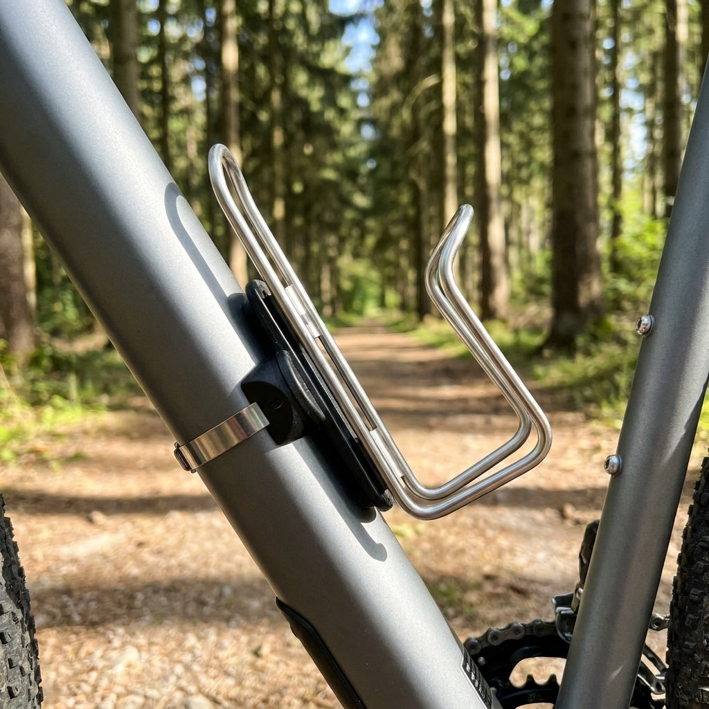 Klickfix Flaschenhalter-Befestigung Bottle-Fix am Fahrradrahmen mit Flaschenhalter auf Waldweg.