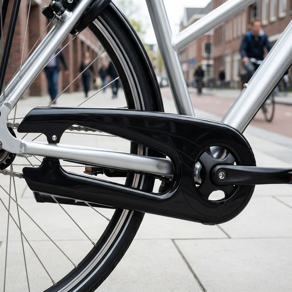 Nahaufnahme Hebie Kettenschutz schwarz 1-flügelig, 38 Zähne, für Nabenschaltung an silbernem Fahrrad.