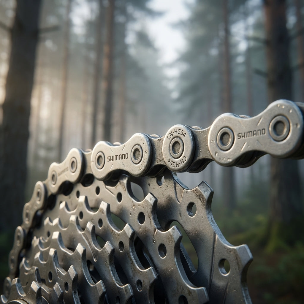Shimano CN-HG54 10-fach Kette auf einer MTB-Kassette im nebligen Wald, Nahaufnahme.