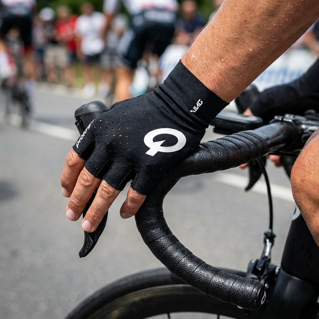 Prologo Kurzfingerhandschuh Mig schwarz XL am Fahrradlenker, perforiert für Atmungsaktivität.