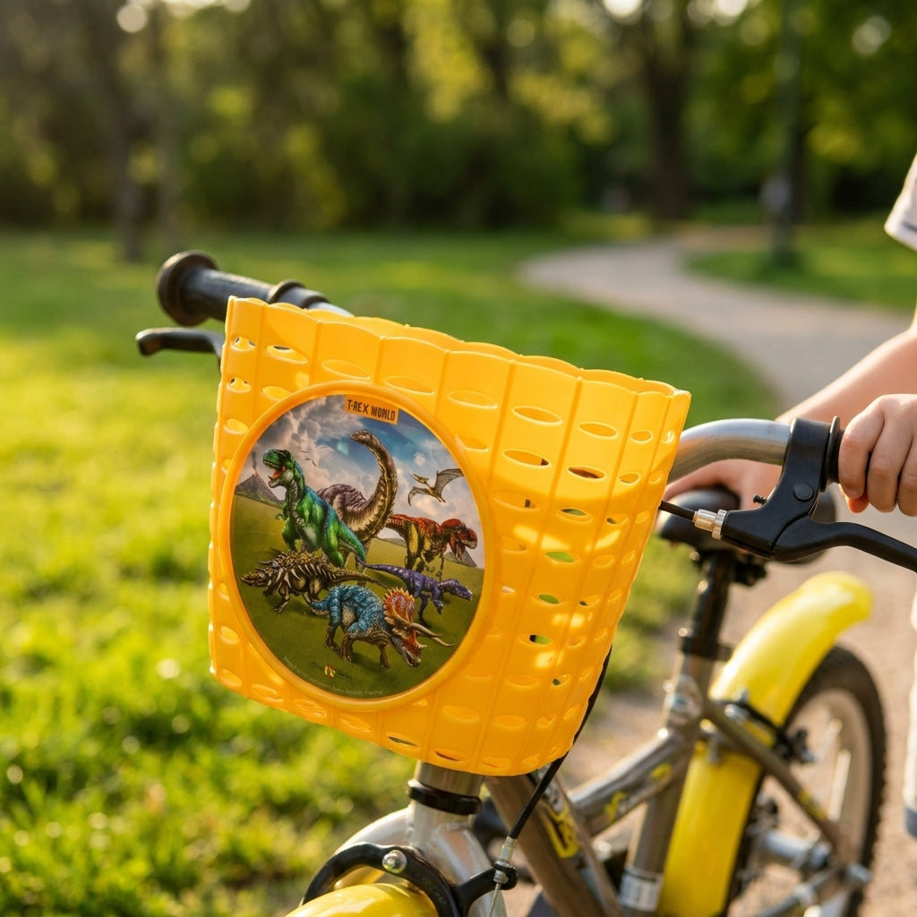 Bike Fashion Kinderkorb T-Rex World gelb am Fahrrad, mit Dinosaurier-Motiv auf der Vorderseite.
