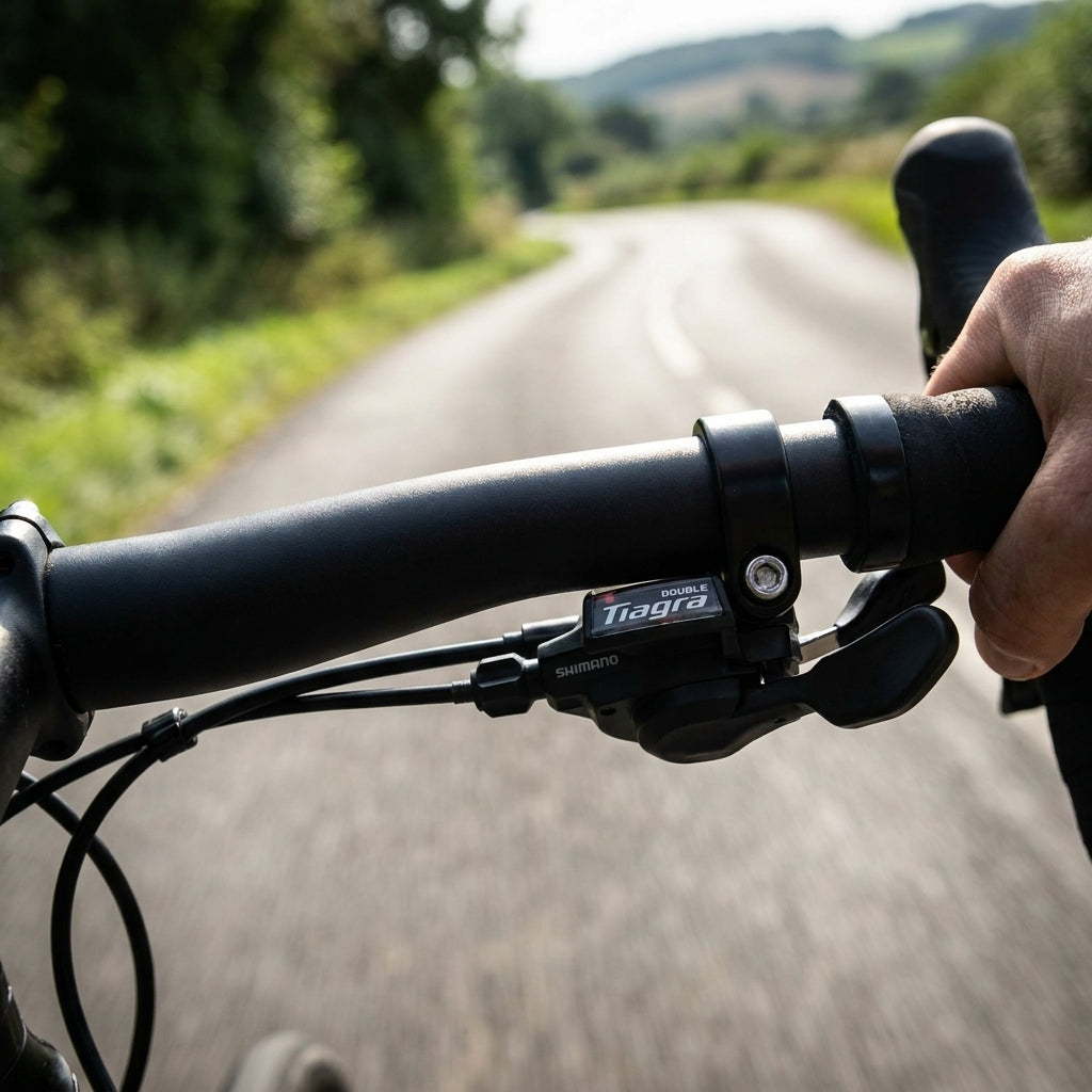SHIMANO Tiagra SL-4700 links 2-fach Schalthebel an flachem Rennrad-Lenker beim Radfahren auf Landstraße.