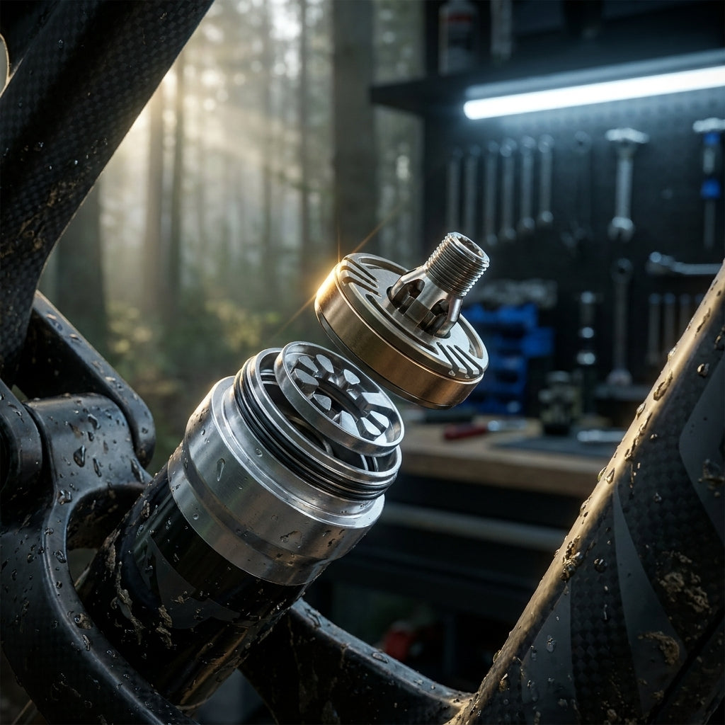 Rockshox SIDLUXE 3PM2 Dämpfer Piston Kit mit Valve Cup, schwebend zerlegt in Werkstatt und Natur.