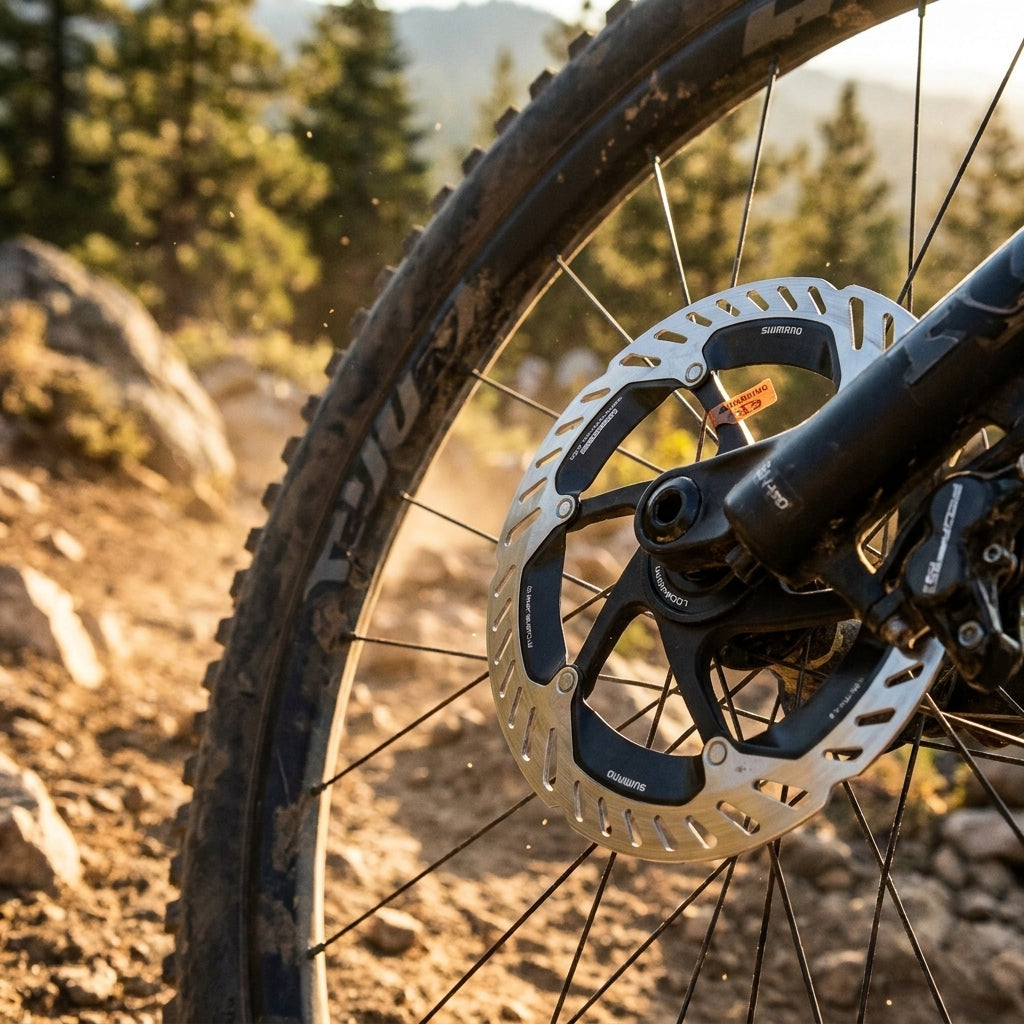 SHIMANO RT-CL900M 180mm Bremsscheibe am Mountainbike-Vorderrad auf sonnigem Offroad-Trail.