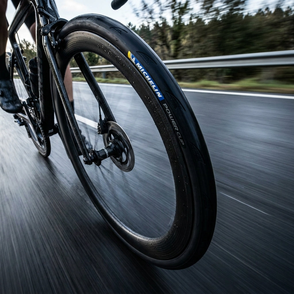 Michelin Power Cup Reifen schwarz am Rennrad in Fahrt auf Asphalt.