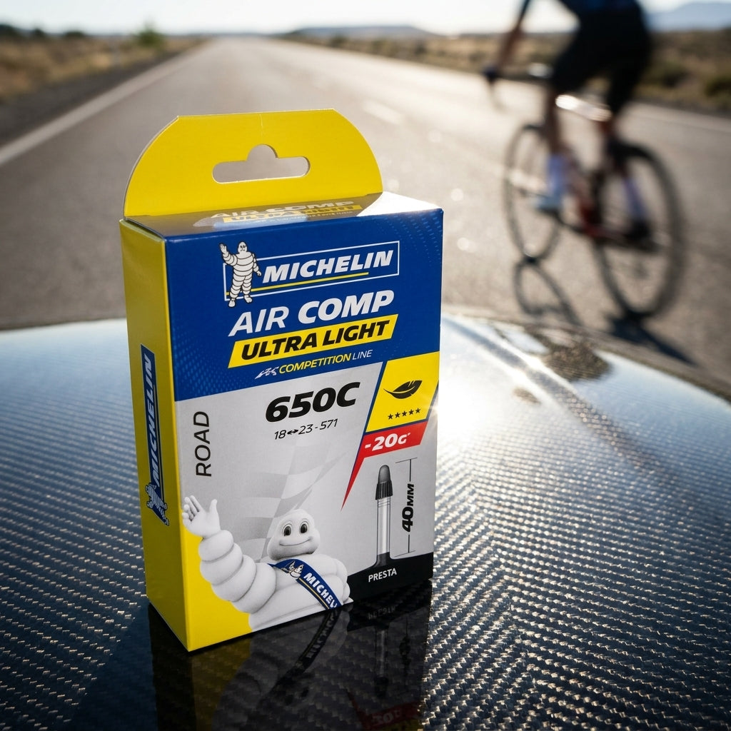 Michelin Aircomp Ultralight Rennradschlauch 28" 18/25-622 SV 80mm auf Carbon mit Radfahrer.