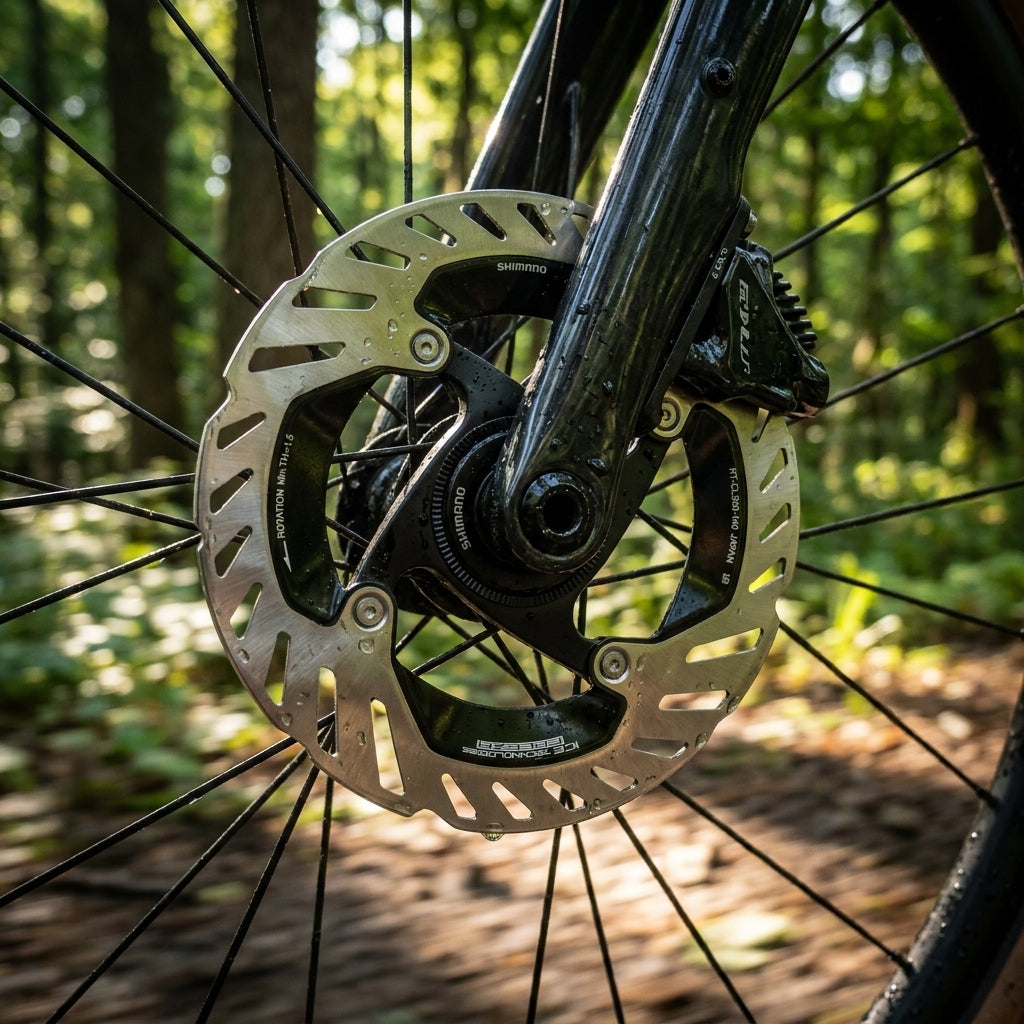 Shimano RT-CL900 Centerlock Bremsscheibe Ice-Tech FREEZA am Mountainbike im Wald für maximale Bremsperformance.