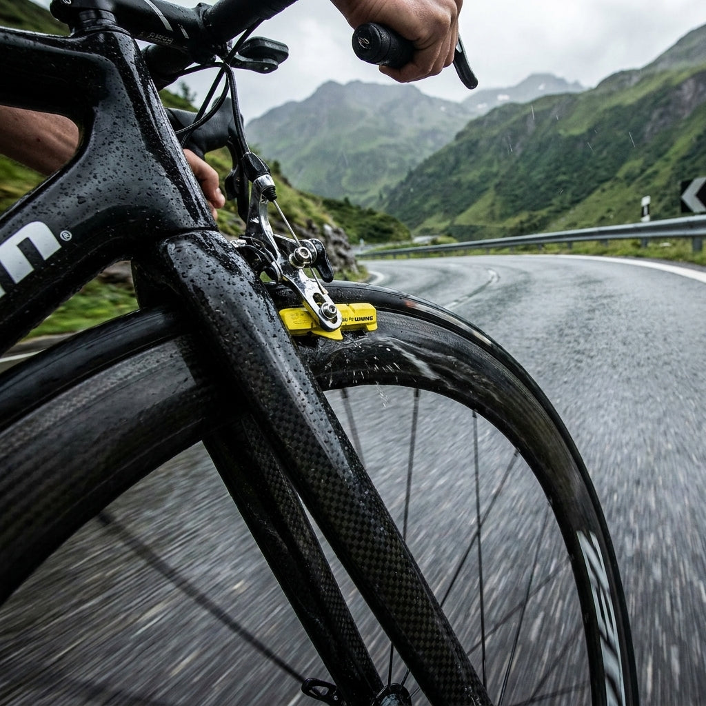 SRAM Road gelbe Bremsbeläge für Rival, Force, RED am Carbon-Rennrad auf nasser Bergstraße.