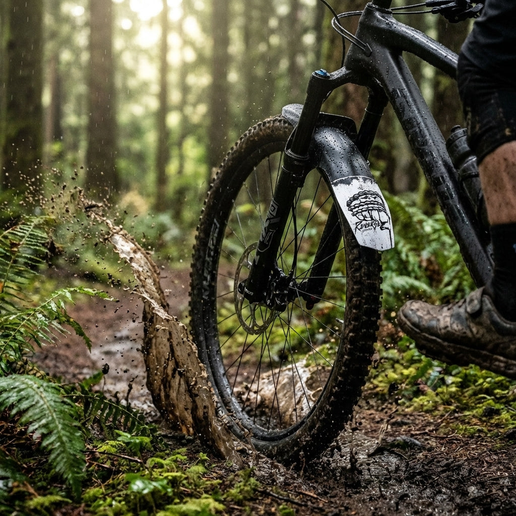 Reverse Mudfender Fist MTB Schutzblech schwarz weiß am Mountainbike, spritzt Schlamm auf Waldweg.