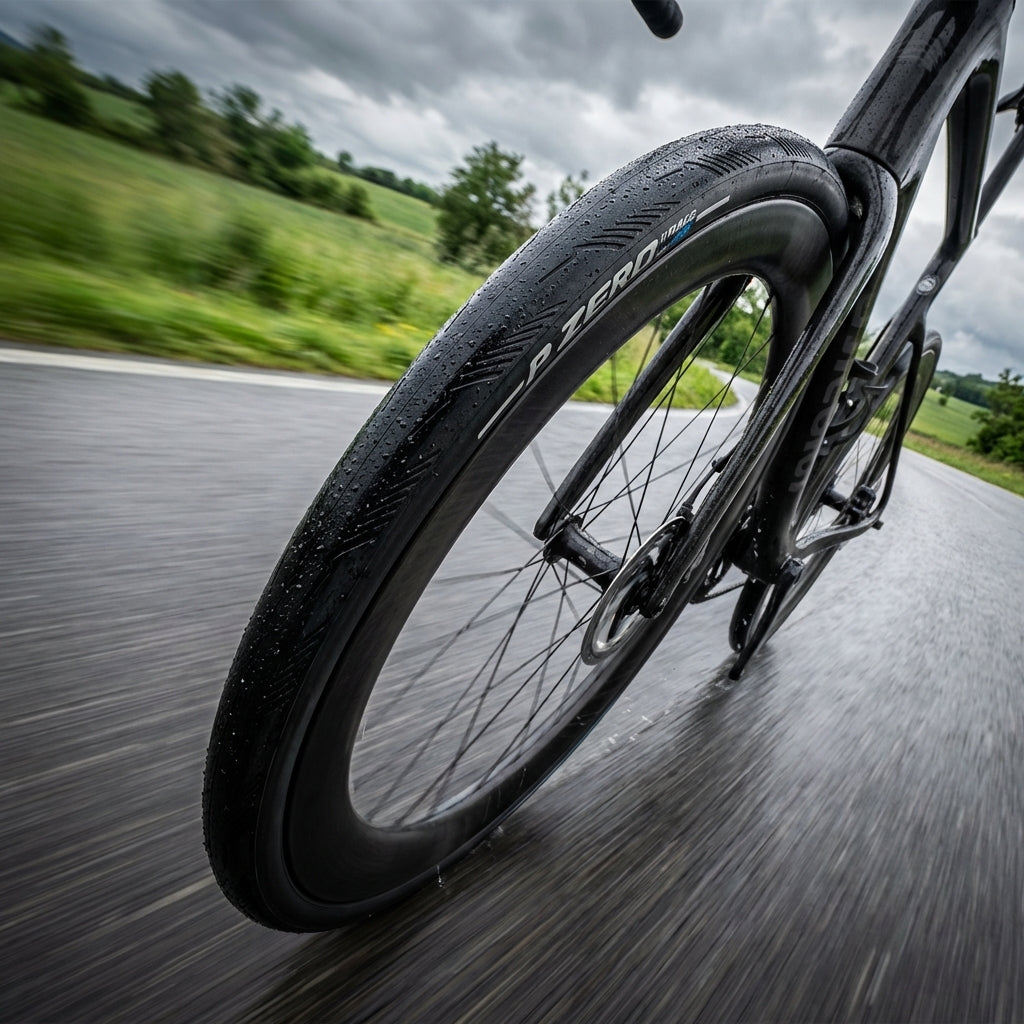 Pirelli P ZERO Race TLR 4S Rennradreifen 28-622 Ganzjahres Tubeless auf nasser Straße in Bewegung.