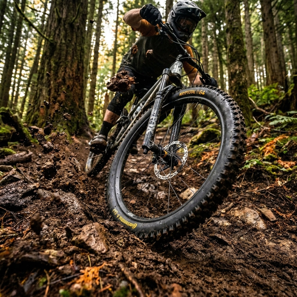 Continental Kryptotal-F 29 Zoll Mountainbike Reifen im Schlamm, Enduro-Fahrer im Wald.