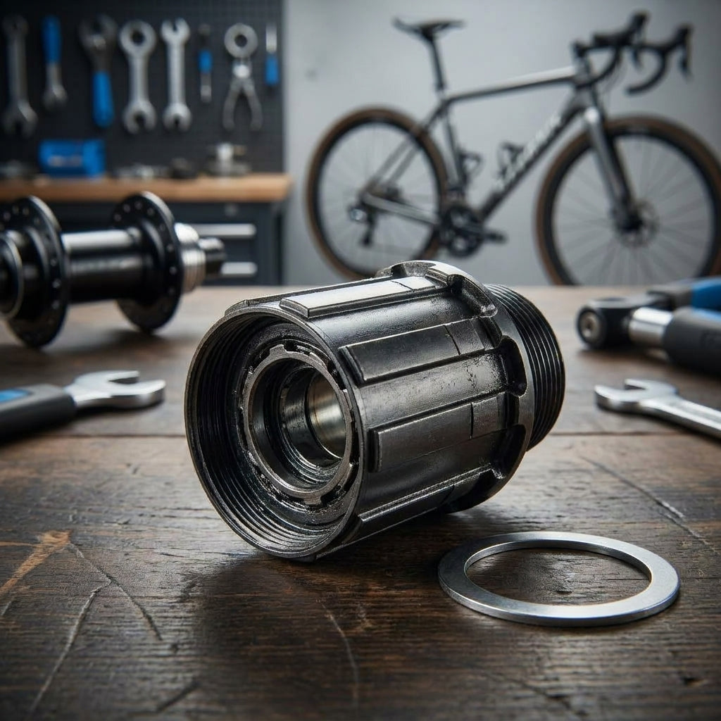 SHIMANO Freilaufkörper WH-RS170-CL-R12 für präzisen Rennrad-Antrieb, auf Werkbank mit Werkzeug.