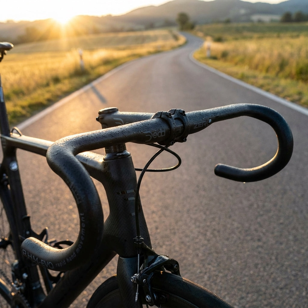 Lenker Zero RHM 02 DCR 38 cm Carbon, nass, auf Rennrad vor Sonnenuntergang auf Landstraße.