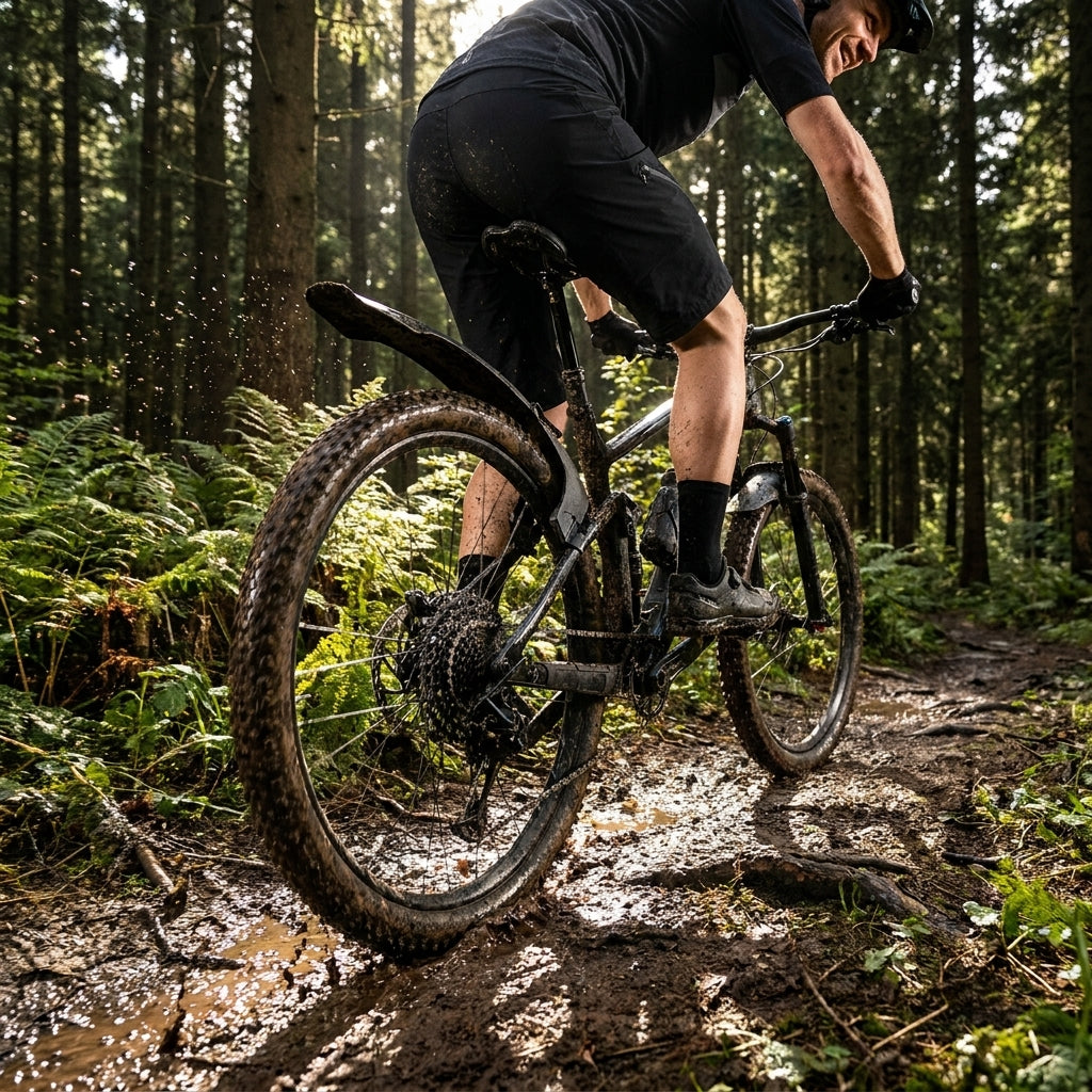 XLC Spoiler Set für XLC Schutzbleche 41mm am Mountainbike im Schlamm. Effektiver Spritzschutz beim Fahren.