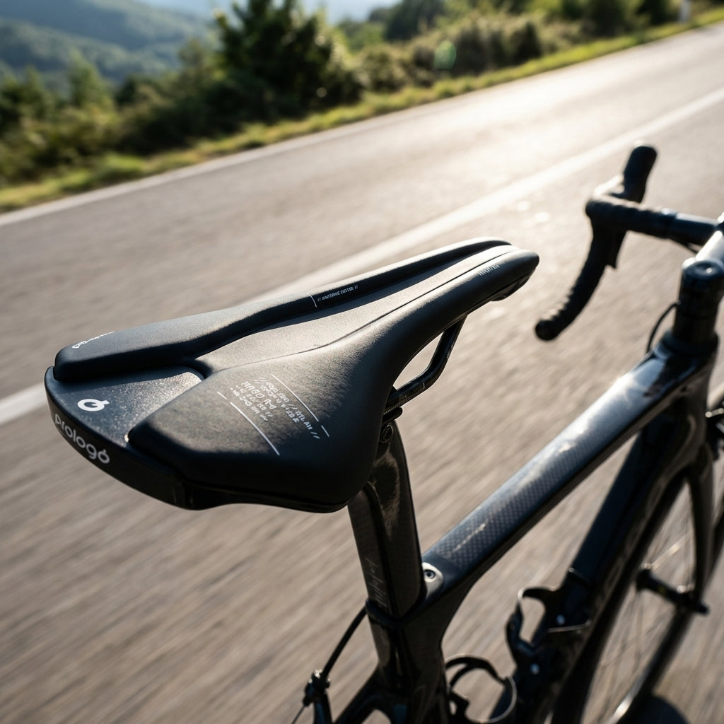 Prologo Nago R4 Sattel 137mm Hard Black ultraleicht 149g auf Rennrad bei Sonnenlicht auf Straße