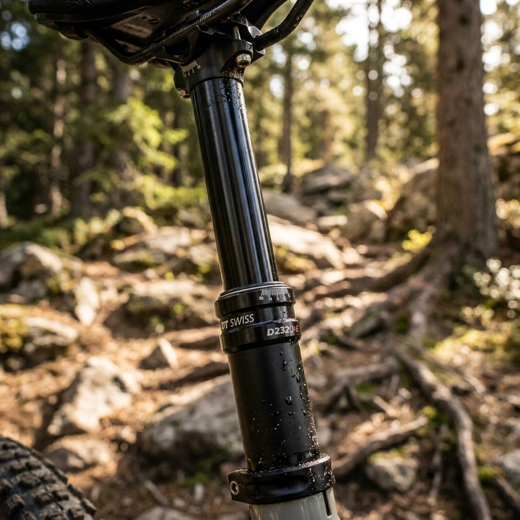 DT SWISS Slider Tube Kit für Absenkbare Sattelstütze D232 One am Mountainbike im Wald, nass.
