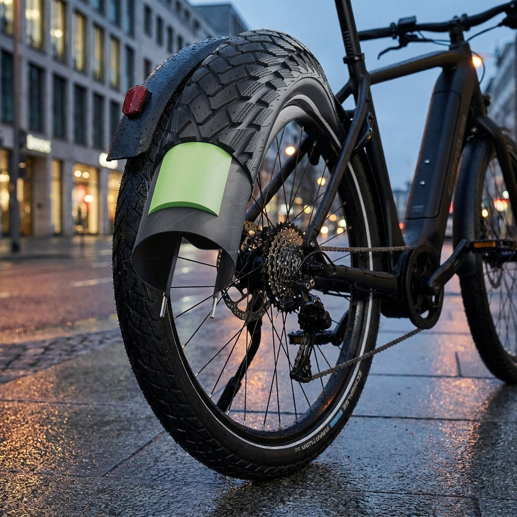 Schwalbe Marathon Performance Line GreenGuard Reifen Schwarz am E-Bike auf nasser Stadtstraße, pannensicher.