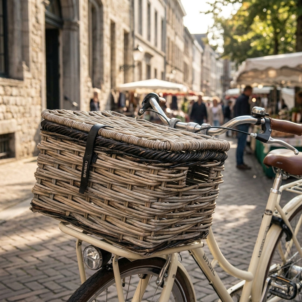 Basil Dijon L Rattan Vorderradkorb grau/schwarz grobmaschig mit Deckel am Fahrrad.