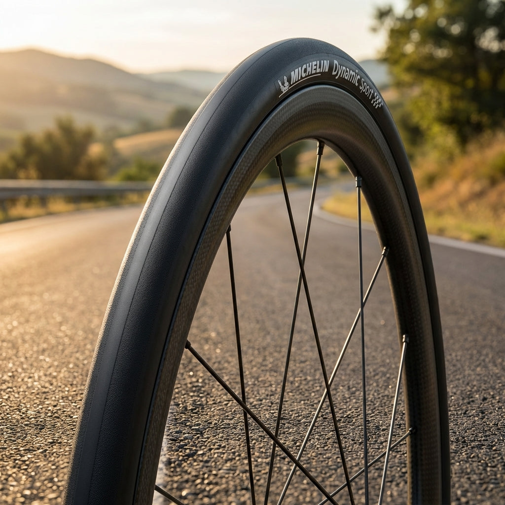 Michelin Dynamic Sport 28x0.90 Zoll 23-622 schwarz Draht Fahrradreifen auf kurviger Straße.