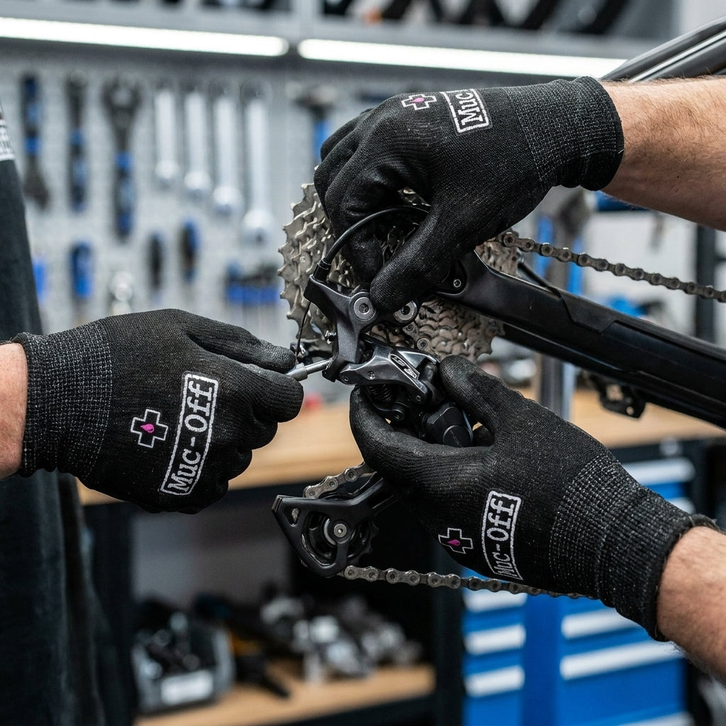 Hände in Muc-Off Mechanikerhandschuh Größe S Schwarz mit Schnittschutz beim Einstellen des Fahrrad-Schaltwerks.