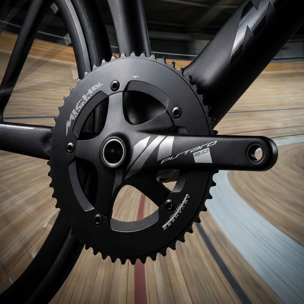 Nahaufnahme der schwarzen Miche Kurbelgarnitur Pistard 2.0 mit 48 Zähnen am Rennrad auf der Velodrom-Bahn.