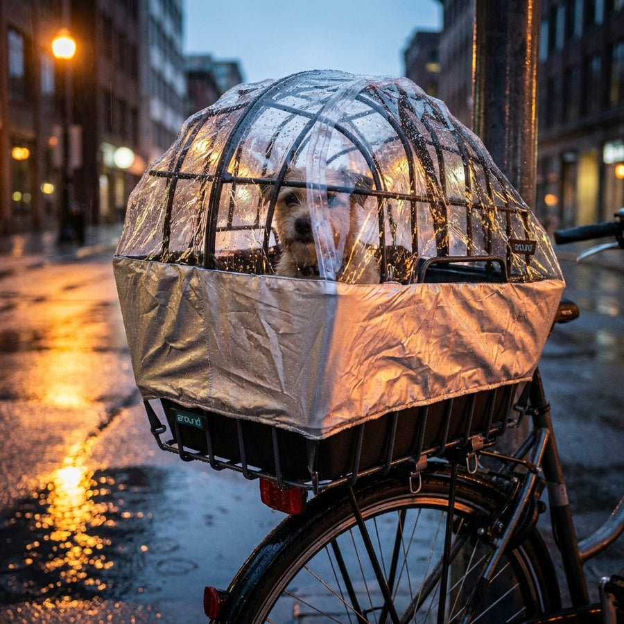 Reflektierende Pieper Luna Regenhaube in Silber und Transparent für Hundefahrradkorb auf einem Fahrrad bei Regen.