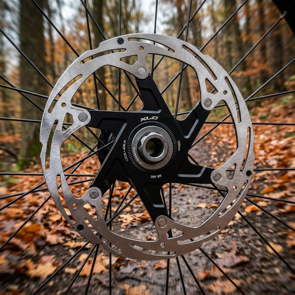 XLC Bremsscheibe BR-X82 160mm silber Centerlock am Fahrradrad auf Waldweg mit Herbstlaub.