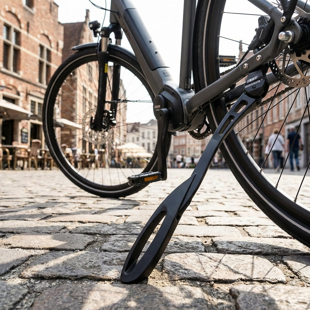 Schwarzer, verstellbarer Esge Fahrrad Seitenständer Zoom für 24-28 Zoll Räder am E-Bike auf Kopfsteinpflaster.