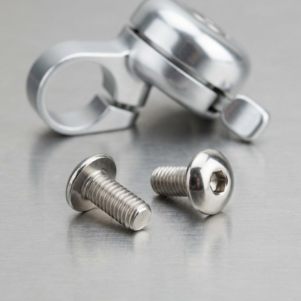 Knog Oi Luxe silberne Ersatzschrauben für Fahrradklingel auf Metallgrund mit Klingel im Hintergrund.