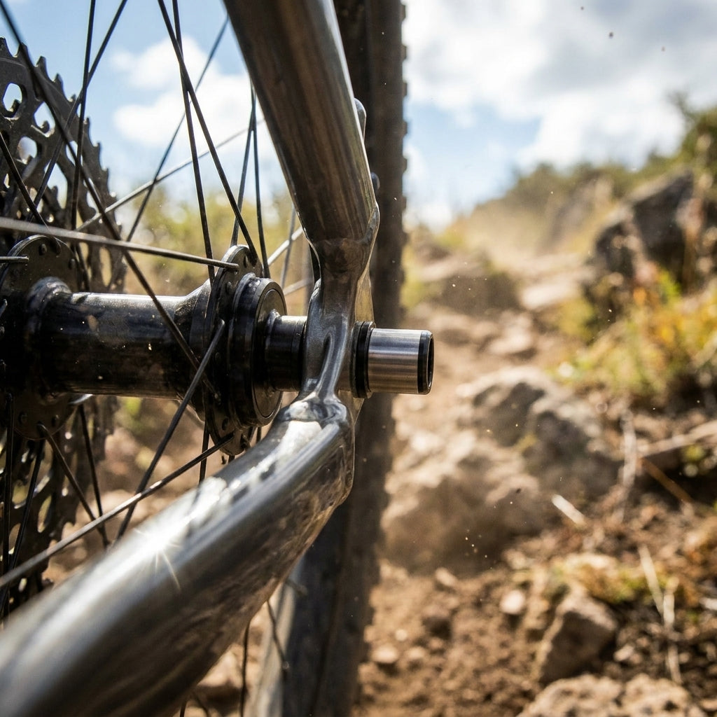 Race Face Trace Nabe Achse 12x157mm schwarz am Mountainbike-Hinterrad auf steiniger Strecke.