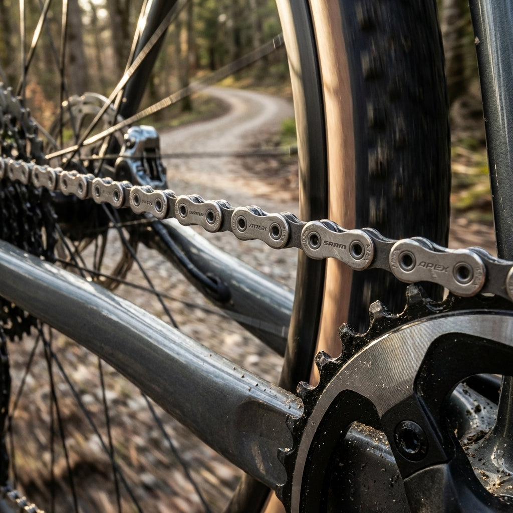 Leichte, haltbare SRAM Apex 12-fach Flattop Kette am Fahrrad auf Schotterweg.