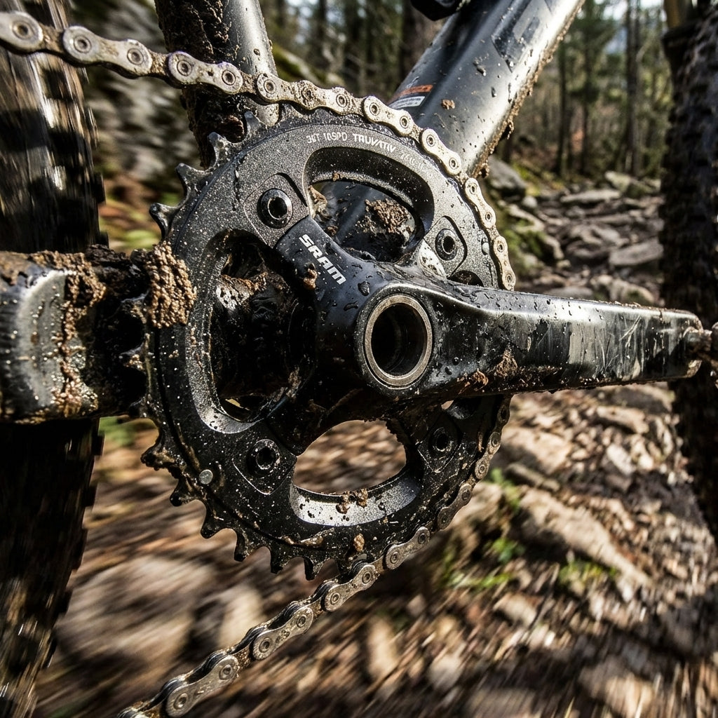 Schlammiges schwarzes MTB-Kettenblatt aus Aluminium mit SRAM-Kurbel auf steinigem Trail.
