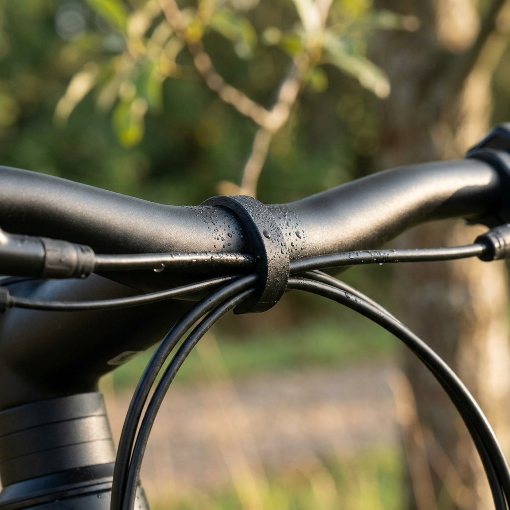 Schwarze Westphal Lenkerklammer Clampsy 816 hält zwei Kabel am Fahrrad Lenker, nass mit Wassertropfen.