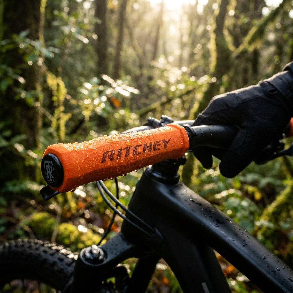 Ritchey WCS Truegrip Griff orange, mit Wassertropfen, am Mountainbike im Wald.