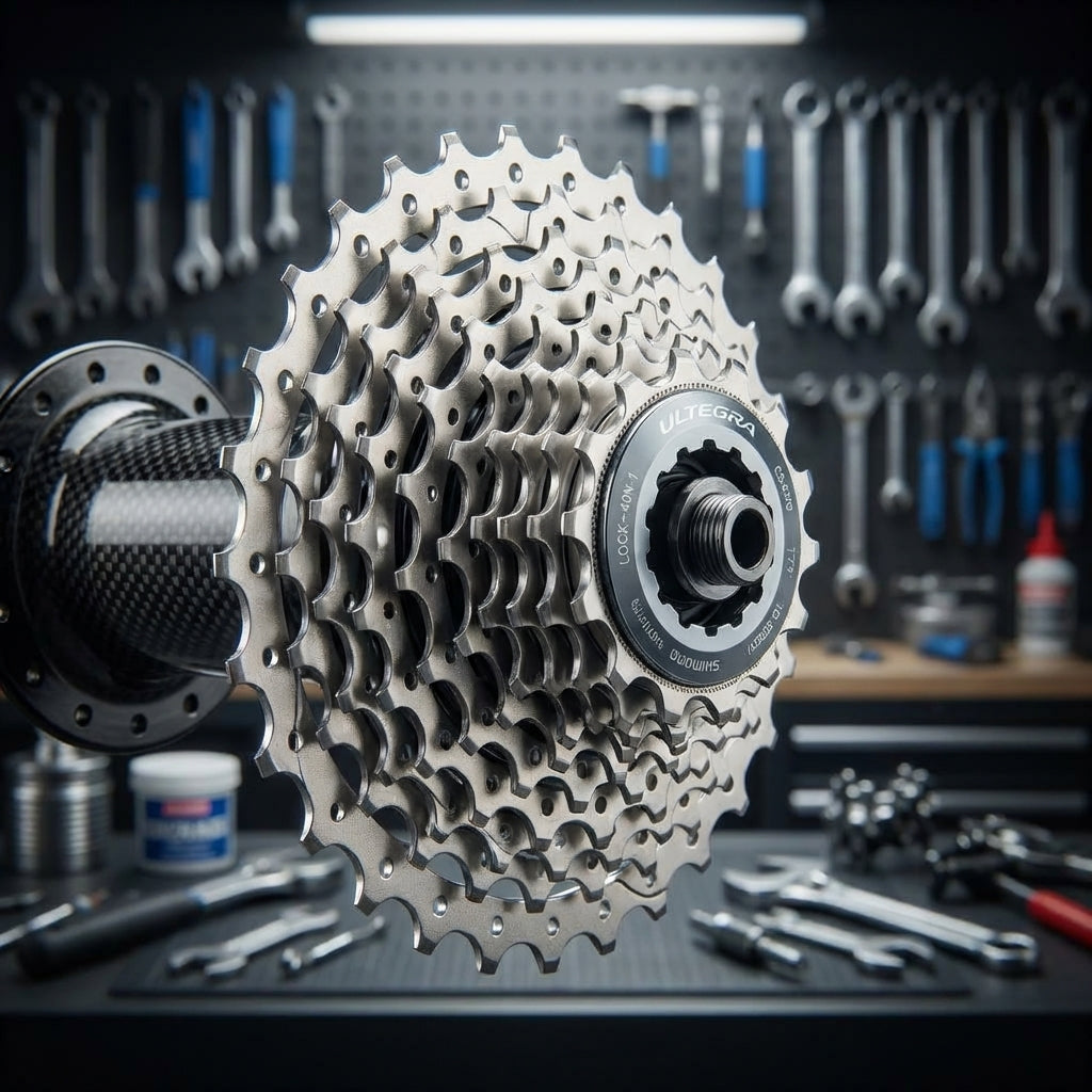 Silberne Shimano Ultegra CS-6700 10-fach 11-28Z Fahrradkassette mit Carbonnabe und Werkstatt-Hintergrund.