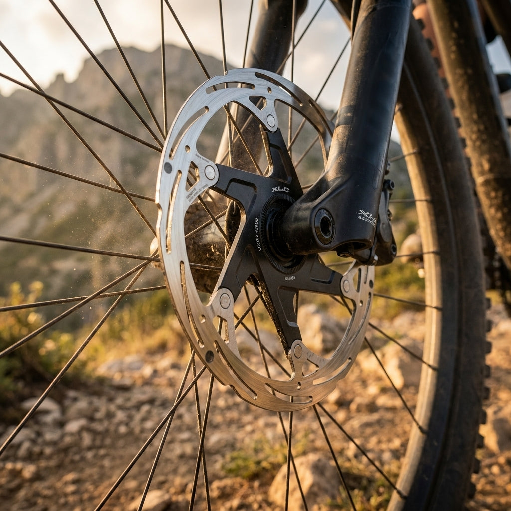 XLC Bremsscheibe BR-X82 Centerlock silber am Mountainbike auf Schotterweg mit Bergen im Sonnenlicht.