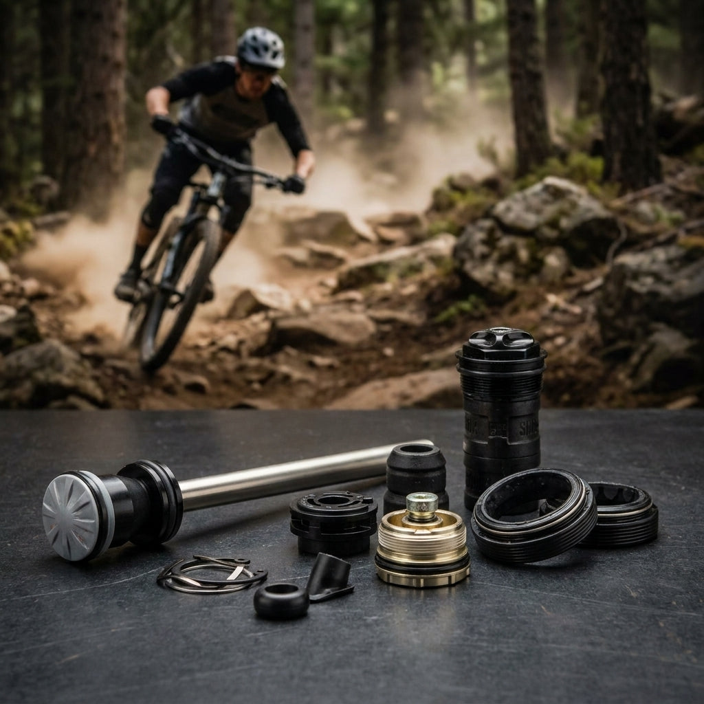 RockShox Pike Luftfedereinheit (2018+) Einzelteile auf schwarzem Tisch vor Mountainbiker auf staubigem Trail.