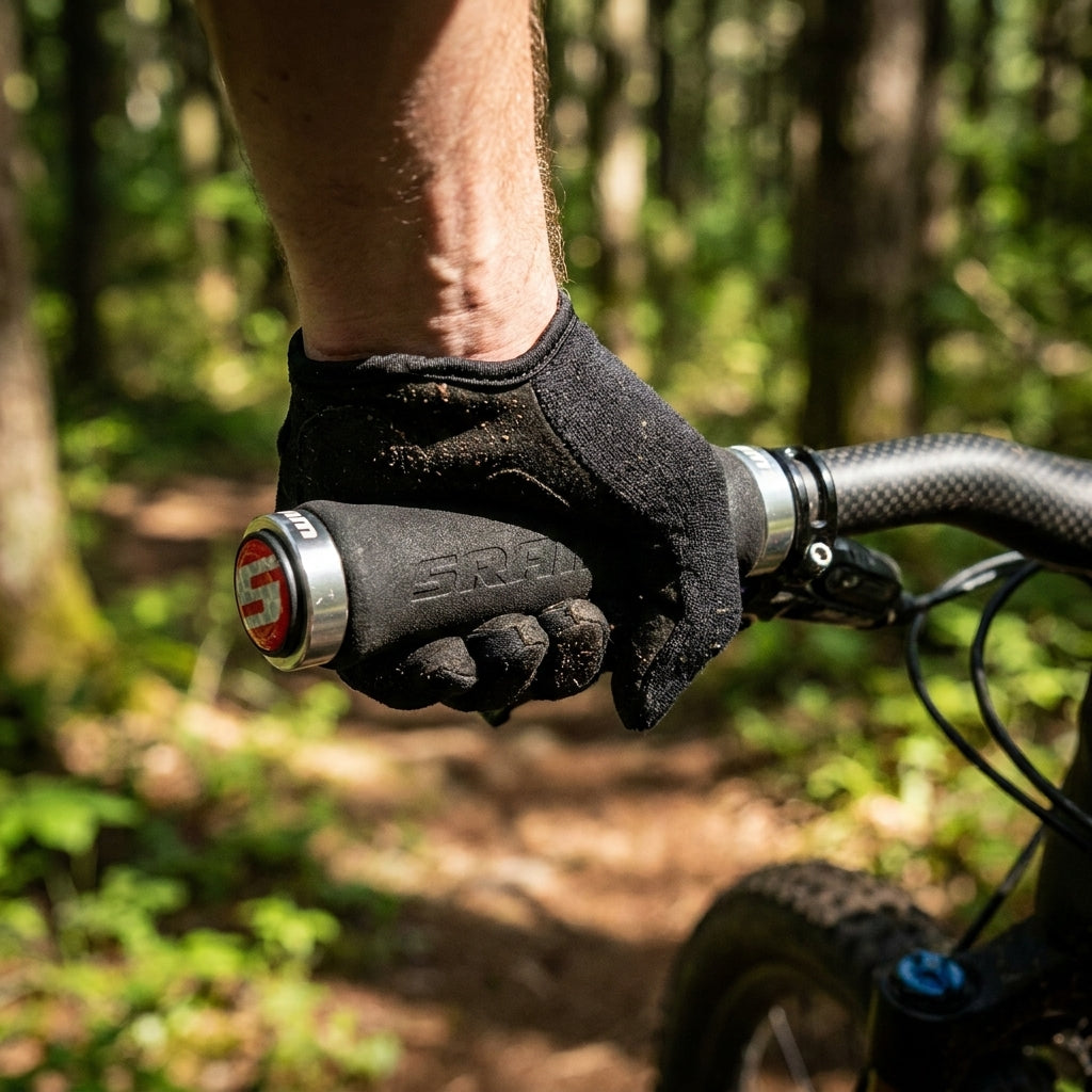 Ergonomischer schwarzer SRAM Contour Lockring Griff (129mm) in Hand auf Mountainbike-Trail.