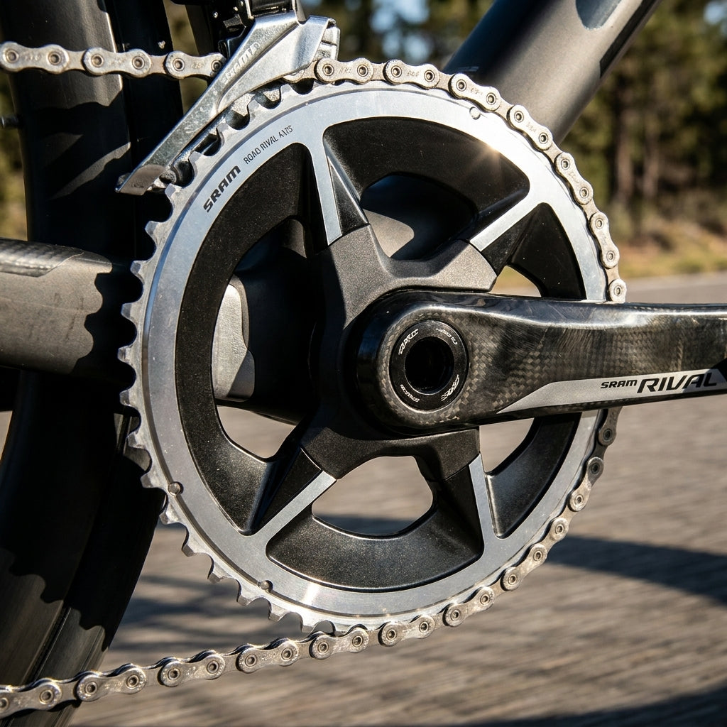SRAM Road Rival AXS 46T Kettenblatt mit X-Range Technologie am Fahrrad für präzises Schalten.
