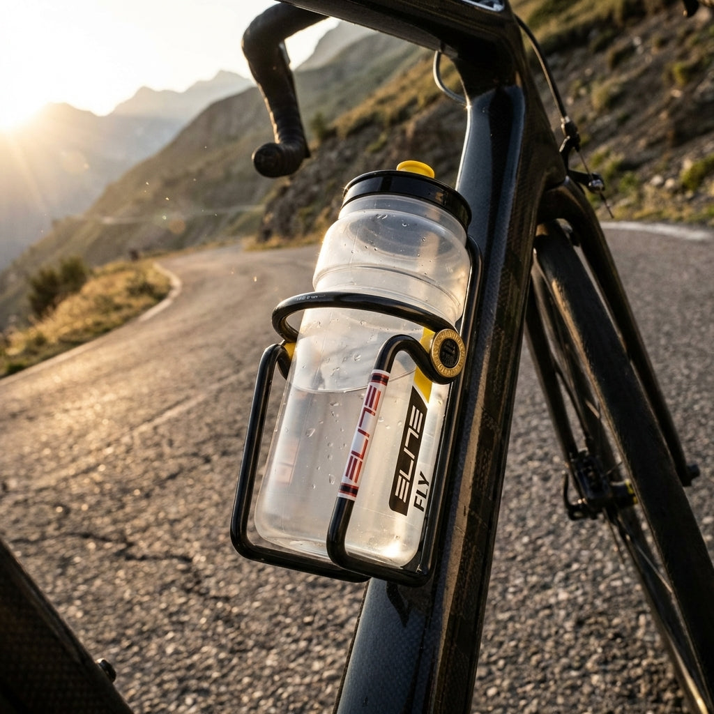Elite CIUSSI Flaschenhalter schwarz 74mm Alu mit FLY Flasche am Rad auf Bergstraße bei Sonnenuntergang.