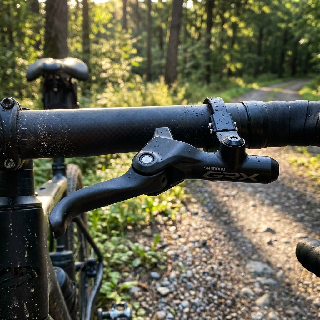 SHIMANO GRX BL-RX812 linker Bremshebel für Gravel/Rennrad am Lenker mit Wassertropfen auf Waldweg.