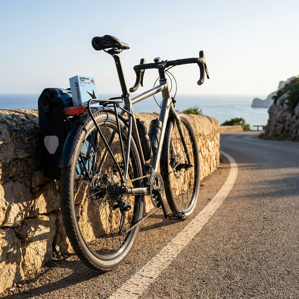 Schwalbe Fahrradschlauch SV19L mit SV-Ventil auf dem Gepäckträger eines Tourenrads am Meer.