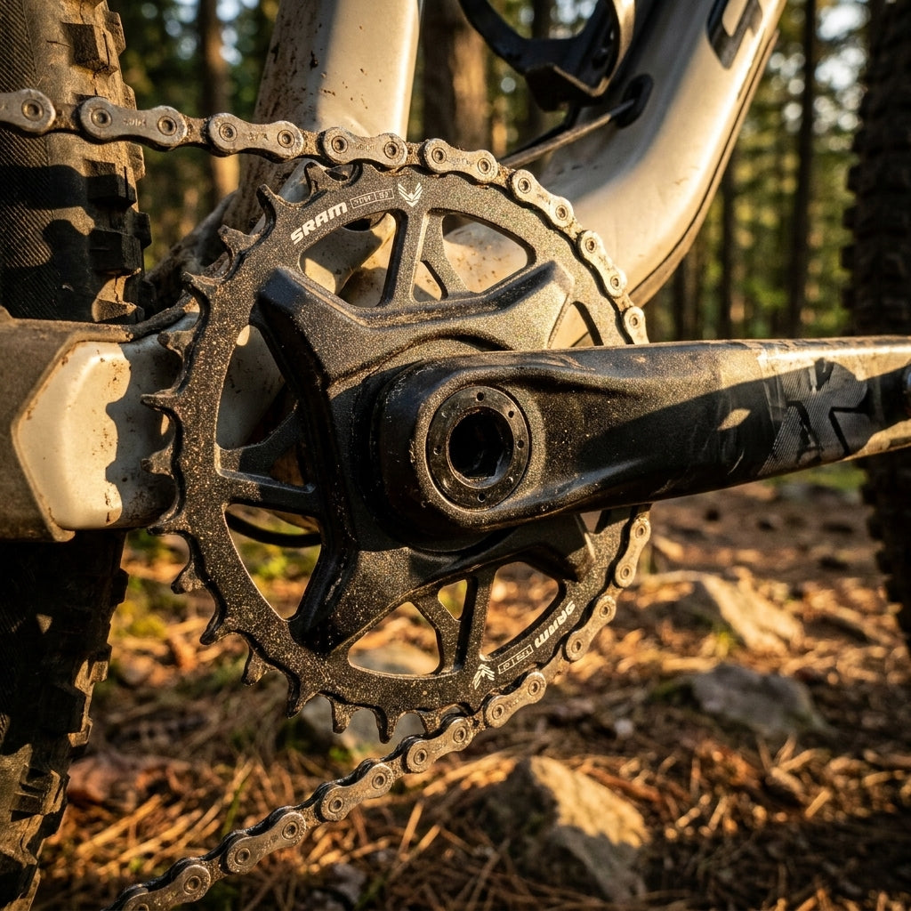 SRAM T-Type Eagle S1000 30T Aluminium Kettenblatt am Mountainbike-Antrieb im Wald.
