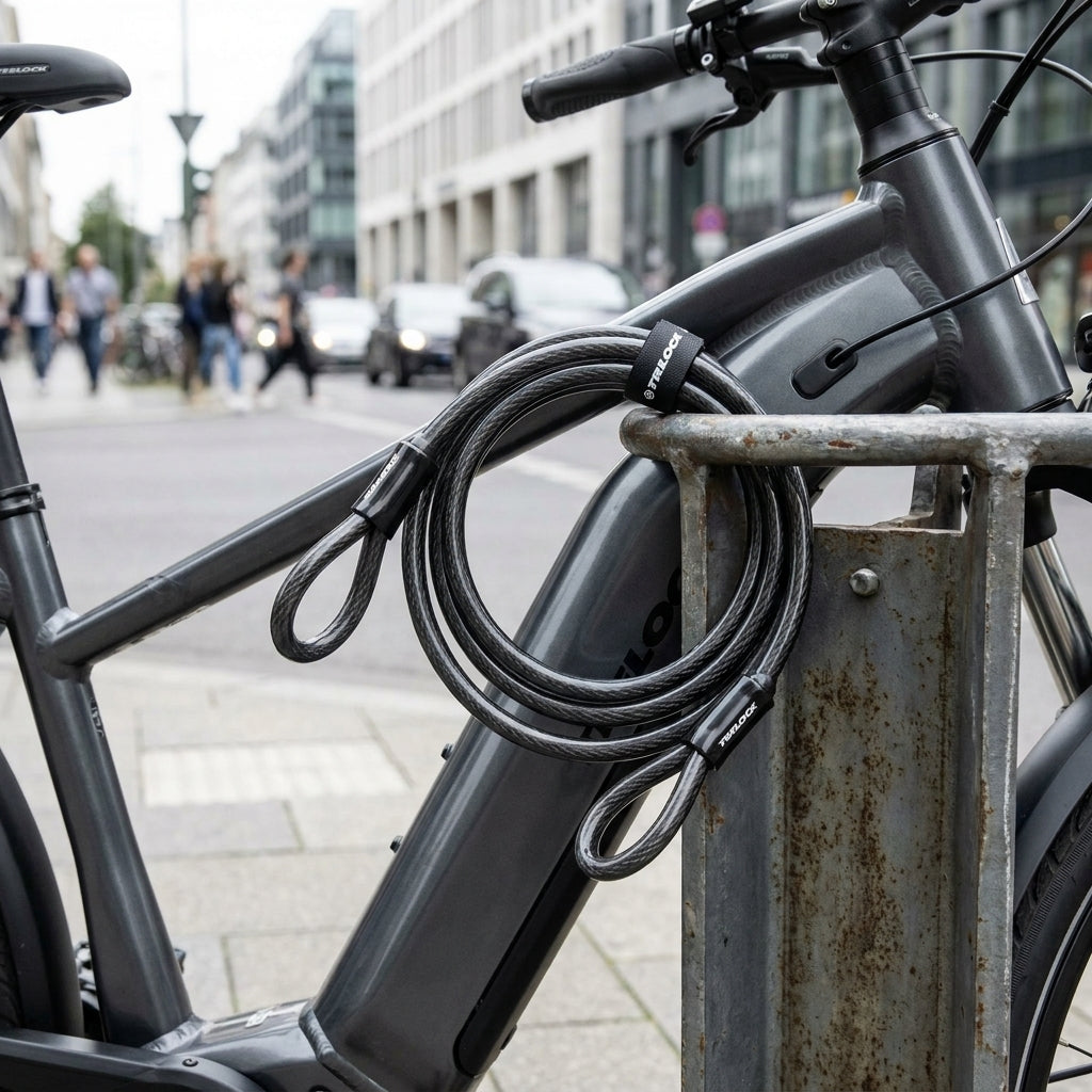 Schwarzes Trelock Schlaufenkabel mit 2 Schlaufen, an E-Bike und Fahrradständer befestigt.