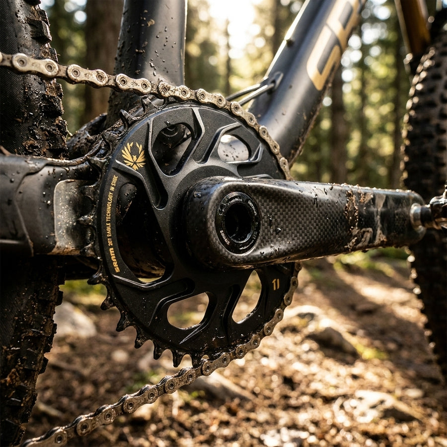 SRAM X-Sync Eagle 36T schwarz-gold Kettenblatt an schlammigem 12-fach MTB-Antrieb mit Kurbel und Kette im Wald.