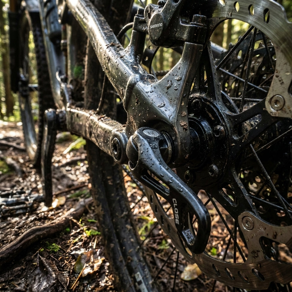 Detailansicht SHIMANO Steckachse I-Typ 12x142mm an schlammigem MTB Hinterrad im Wald.