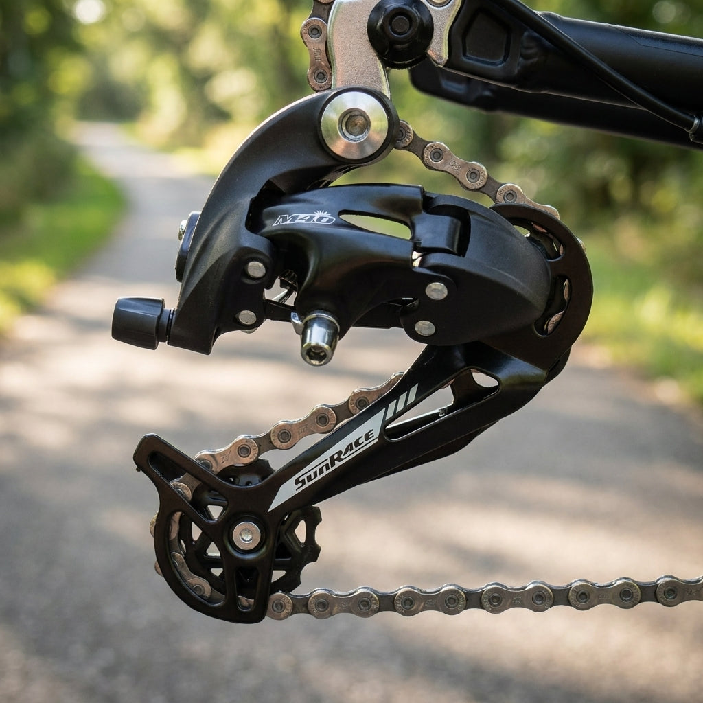 SunRace RDM41 M40 Schaltwerk, 7/8-fach, langer Käfig, schwarz, am Fahrrad montiert.